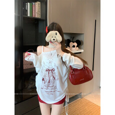 批发实拍实价 防晒罩衫女长袖<b class='q'>t</b><b class='q'>恤</b>白色露肩斜肩上衣红色半<b class='q'>裙</b>两件套