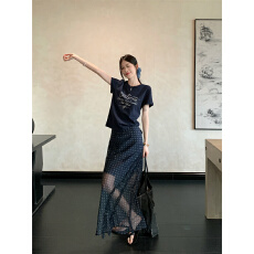 批发实拍实价 休闲<b class='q'>套装</b>字母印花短袖T恤女装夏季网纱拼接半身裙两件套