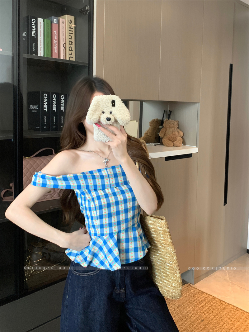 실사 정가 체크무늬 오프숄더 여성 셔츠 여름 한국 스타일 캐주얼 몸매 가꾸기 프릴 하이웨이스트 슬림해 보이는 맨위