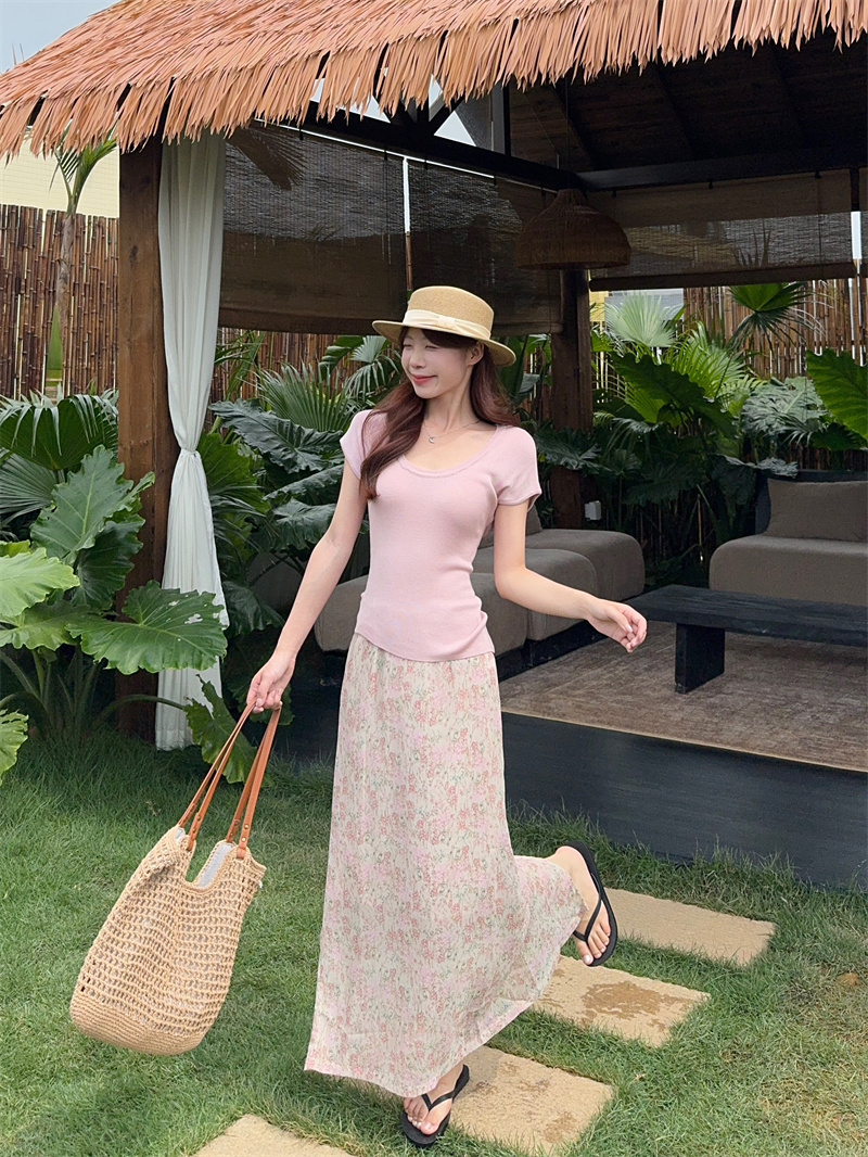 실사 정가 여름 다용도 단색 u 칼라 니트 반팔 맨위 꽃무늬 반신 스커트 투피스 세트