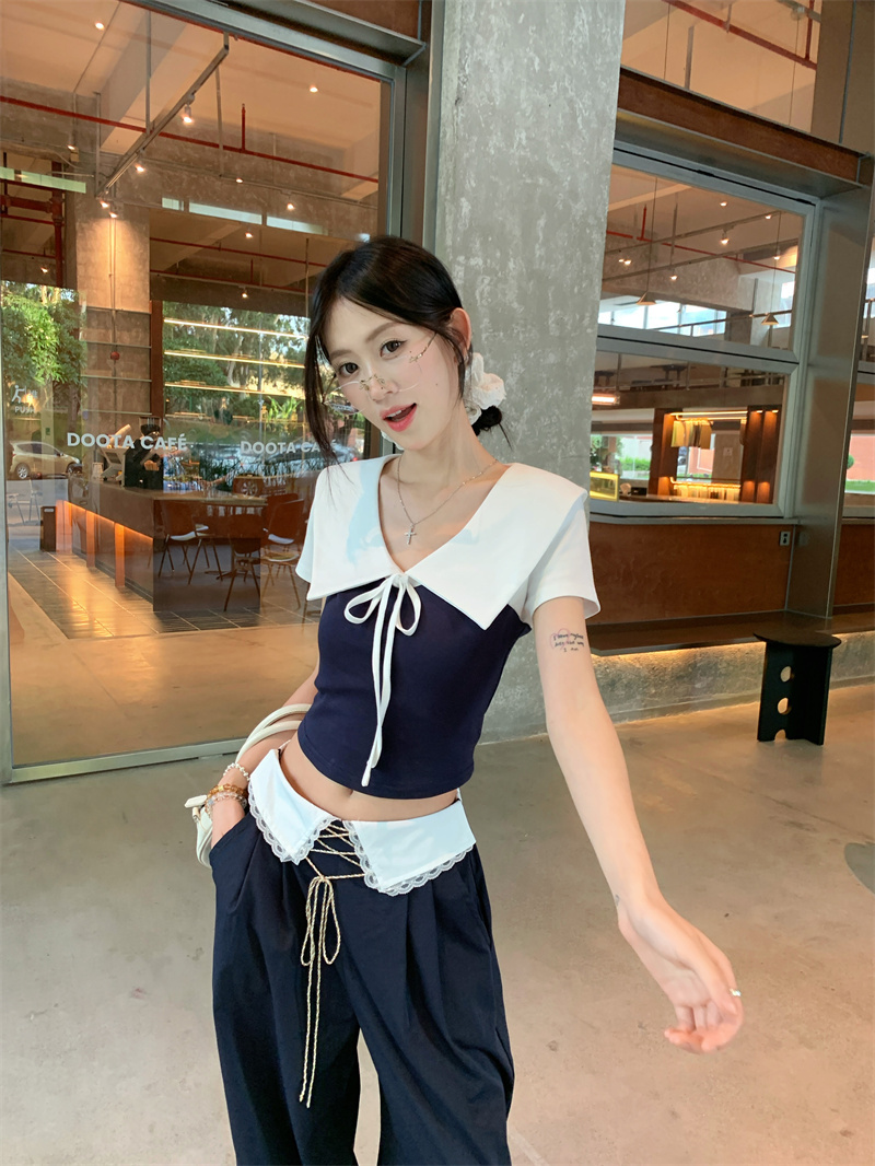 실사 정가 세트 디자인 센스 패치워크 반팔 티셔츠 여성 여름 다용도 루즈핏 와이드 레그 팬츠 투피스 세트