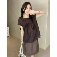 批发实拍实价 韩系甜美蝴蝶结娃娃领短袖衬衫宽松上衣半身裙两件套