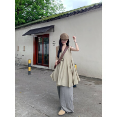 批发实拍实价 可可奶咖轻薄慵懒无袖大裙摆垂感<b class='q'>连衣裙</b>阔腿裤两件套