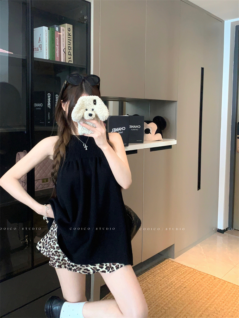 실사 정가 행침 목 맨위 민소매 조끼 작은 셔츠 레오파드 무늬 반신 스커트 한 마디 미니 스커트