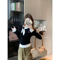 批发实拍 长袖<b class='q'>打底衫</b>女新款秋季黑色t恤假两件修身显瘦法式上衣