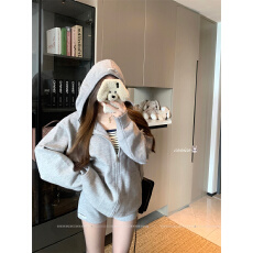 实拍 灰色连帽毛衣秋冬慵懒风针织开衫拉链套装女