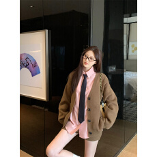 批发实拍实价 秋季欧式复古百搭学院风V领宽松粉色衬衫三件套