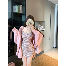 批发实拍实价 慵懒韩女 秋季纯欲慵懒风吊带<b class='q'>连衣裙</b>针织开衫