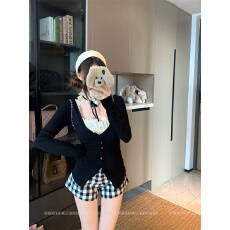 批发实拍实价 中古蕾丝花边背心女黑开衫格子短<b class='q'>裤</b>三件套