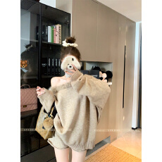 批发实拍 毛领斜肩宽松套头毛衣<b class='q'>女</b>休闲直筒针织<b class='q'>短裤</b>两件套