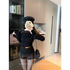 批发实拍实价 长袖上衣女秋冬<b class='q'>假两件</b>内搭打底衫格纹短裤两件套