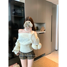 批发实拍  韩系轻奢感纱线一字肩毛衣女