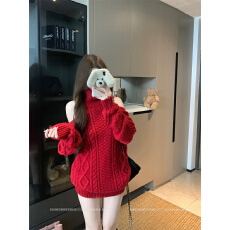 批发实拍实价 高领露背<b class='q'>连衣裙</b>女秋冬纯欲宽松长袖露肩外穿针织包臀裙