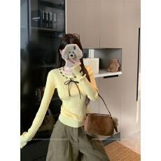 实拍实价 蝴蝶结绞花修身针织衫长袖上衣女