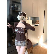 实拍实价 费尔岛毛衫2025女咖色毛衣叠穿两件套针织开衫外套秋冬