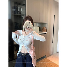 实拍实价 法式蕾丝边玫瑰刺绣捏褶针织开衫