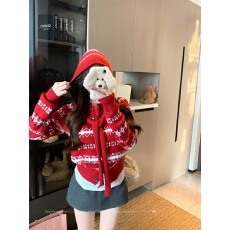 批发实拍实价 氛围感费尔岛红色圆领毛衣外套女秋冬小个子针织开衫