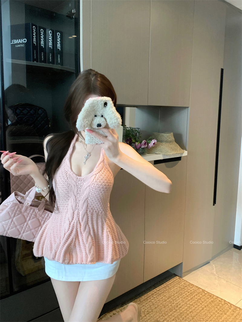 실사 정가 핫걸 바람 섹시함 백리스 행침 목 캐미솔 여름 꽈배기 몸매 가꾸기 니트 맨위