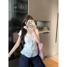 实拍实价 V领韩系花边下摆打底衫T恤显瘦温柔短T恤女