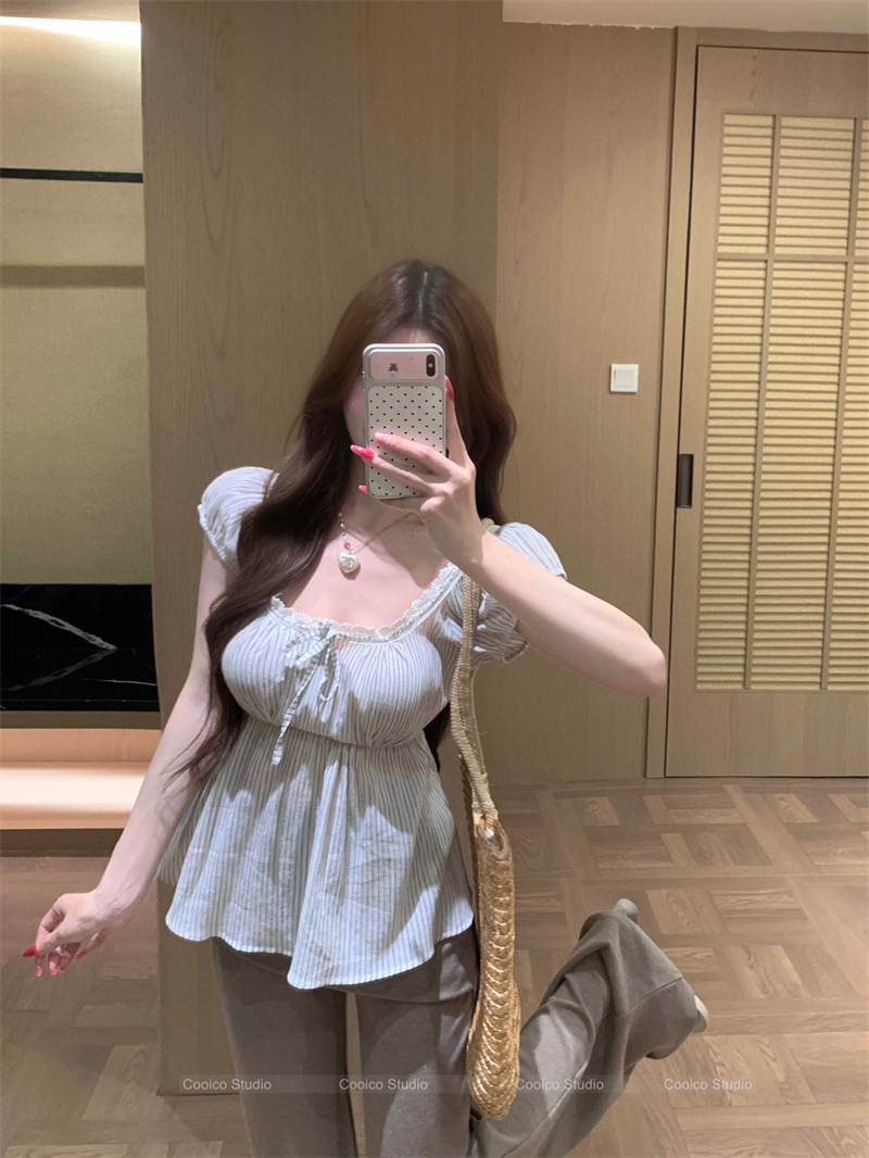 실사 정가 한 부서 레이스 스트라이프 셔츠 맨위 불규칙 랩스커트팬츠 부츠컷 바지