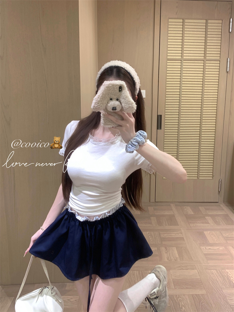 실사 정가 순수한 욕망 바람 레이스 조각 반팔 티셔츠 여성 페이크 레이어드 학원 스타일 허리밴드 반신 치마바지