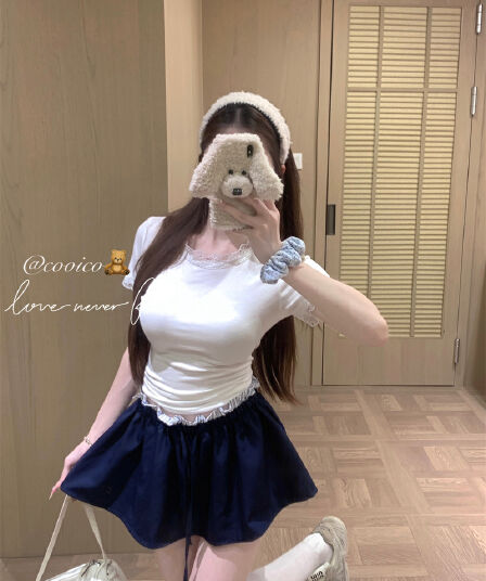 실사 정가 순수한 욕망 바람 레이스 조각 반팔 티셔츠 여성 페이크 레이어드 학원 스타일 허리밴드 반신 치마바지