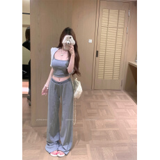 批发实拍实价 <b class='q'>条纹</b>吊带背心女夏季短款打底上衣显瘦直筒休闲裤套装