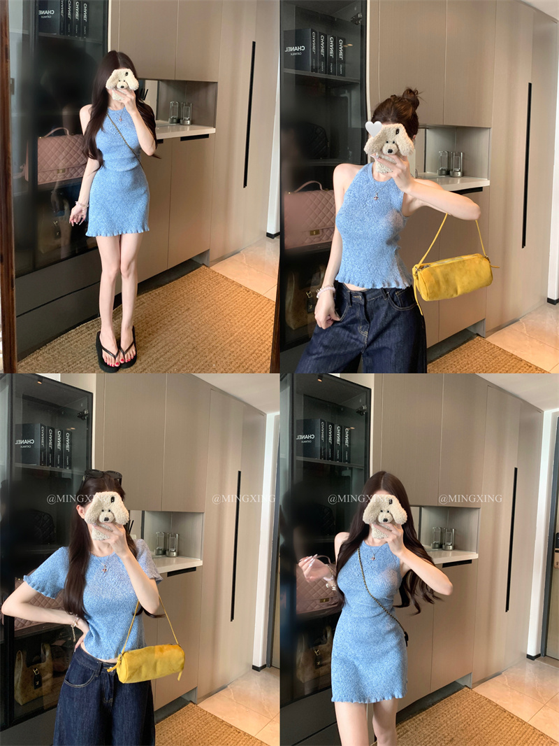 실사 정가 동백 나무 여름 새로운 파란색 라운드 넥 몸매 가꾸기 니트 스웨터 반팔 티셔츠 여성 셔츠