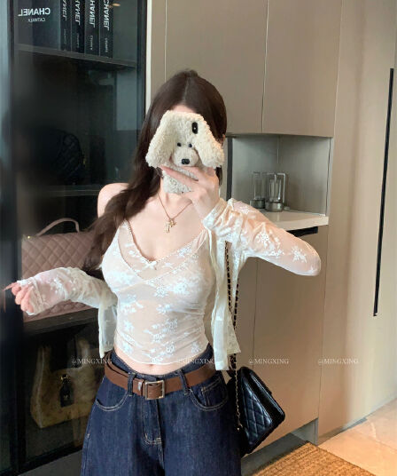 실사 정가 민소매 작은 셔츠 순수한 욕망 망사 자카드 레이스 캐미솔 오픈 가디건