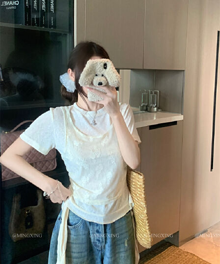 실사 정가 패치워크 페이크 레이어드 반팔 티셔츠 여성