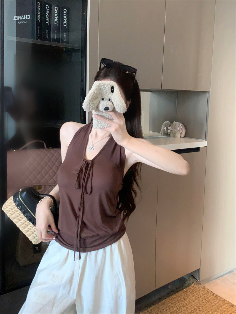 실사 정가 V넥 레이스업 캐미솔 여름 편안함 외출용 오프숄더 행침 목 맨위