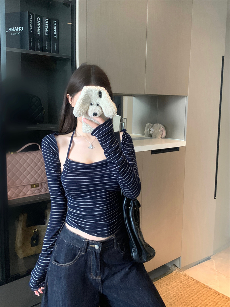 실사 정가 블루 화이트 스트라이프 어깨 오픈 가디건 슬립 두 조각 여성 세트 여름 맨위