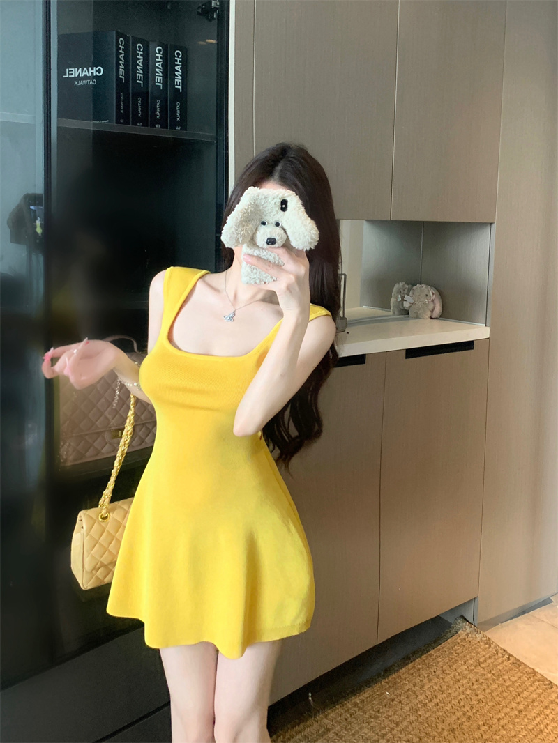 실사 정가 프랑스식 광장 칼라 니트 여성 드레스 여름 허리 수축 타이트 스커트 치마 핫걸 꼬집기 허리 미니 스커트