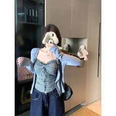 批发实拍实价 条纹吊带背心+开衫两件套韩系穿搭休闲上衣女套装