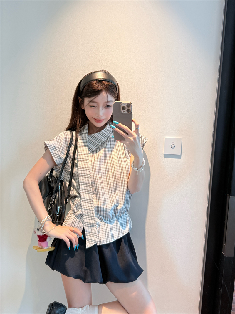 실사 정가 한 부서 학원 스타일 비스듬한 칼라 리본 반팔 여성 셔츠 슬림해 보이는 맨위 미니 스커트 투피스 세트