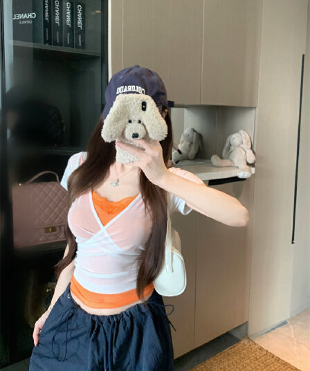 실사 정가 작은 섹시함 청 ~을 통해 페이크 레이어드 레이스 조각 망사 반팔 여성 여름