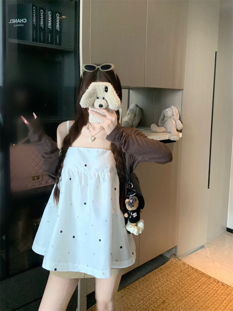 실사 정가 도트 무늬 캐주얼 캐미솔 여름 루즈핏 슬림해 보이는 한 마디 진자 맨위 오픈 가디건 두 조각 여성 세트