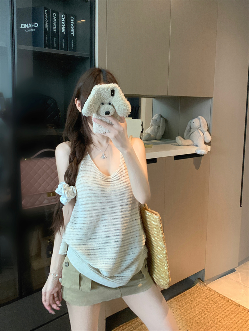실사 정가 프랑스식 행침 목 홀로우 아웃 백리스 니트 조끼 여성 여름 순수한 욕망 루즈핏 슬림해 보이는 민소매 의류