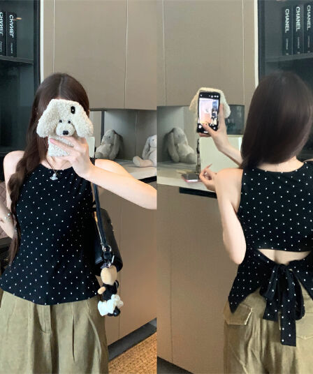 실사 정가 도트 무늬 캐미솔 인사이드 가져 가라. 여름 한 부서 몸매 가꾸기 뒤로 스트랩 민소매 외출용 맨위