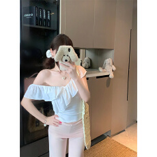 批发实拍实价 荷叶边纯欲风性感露肩T恤女夏季百搭修身显瘦辣妹上衣
