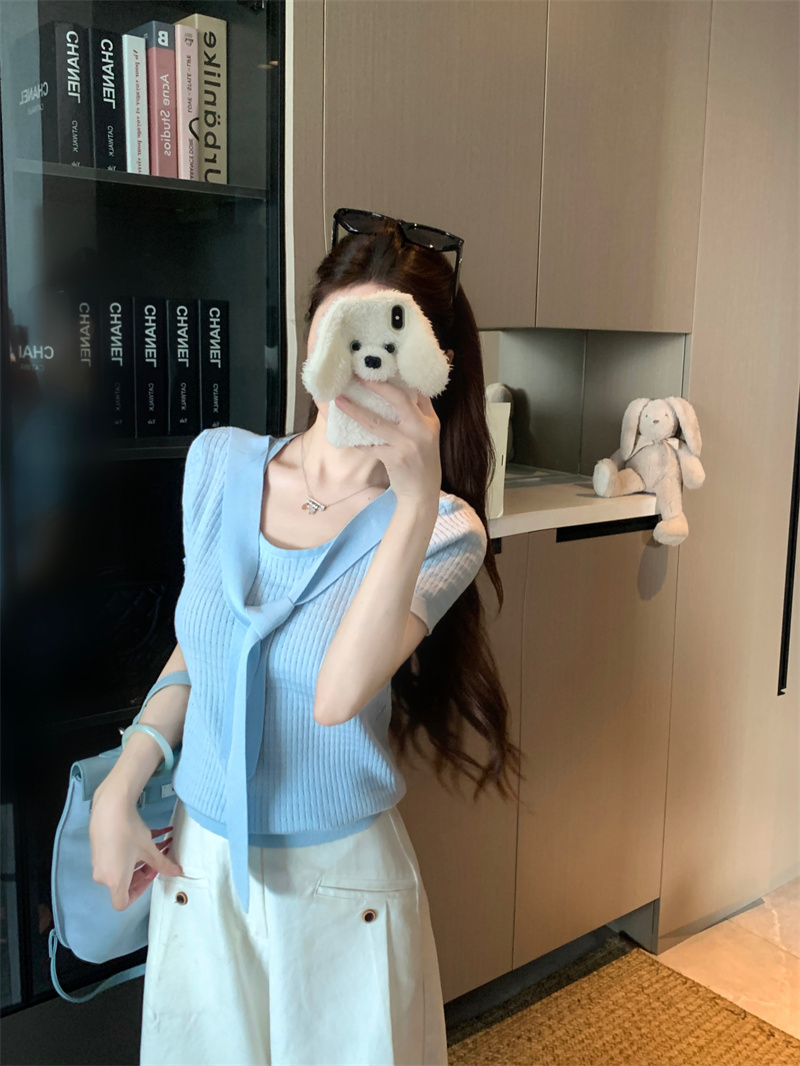 실사 정가 디자인 센스 페이크 레이어드 숄 니트 스웨터 반팔 여성 2026 여름 홀로우 아웃 해군 칼라 맨위
