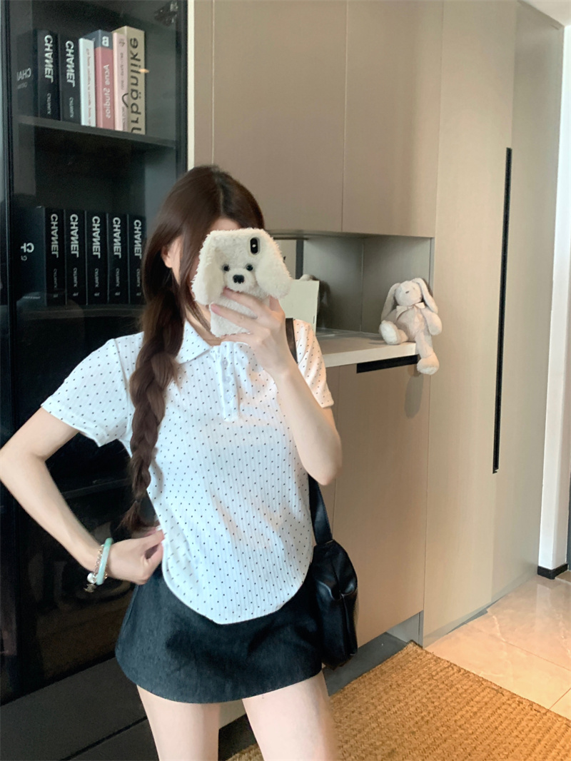 실사 정가 한 부서 달콤한 미적 감각 베이비 칼라 티셔츠 여름 여성 POLO 칼라 도트 무늬 별 버클 반팔 맨위