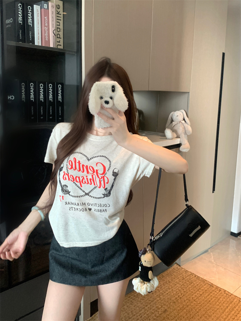 RY6519# 实拍实价 复古爱心印花T恤女百搭短袖休闲上衣