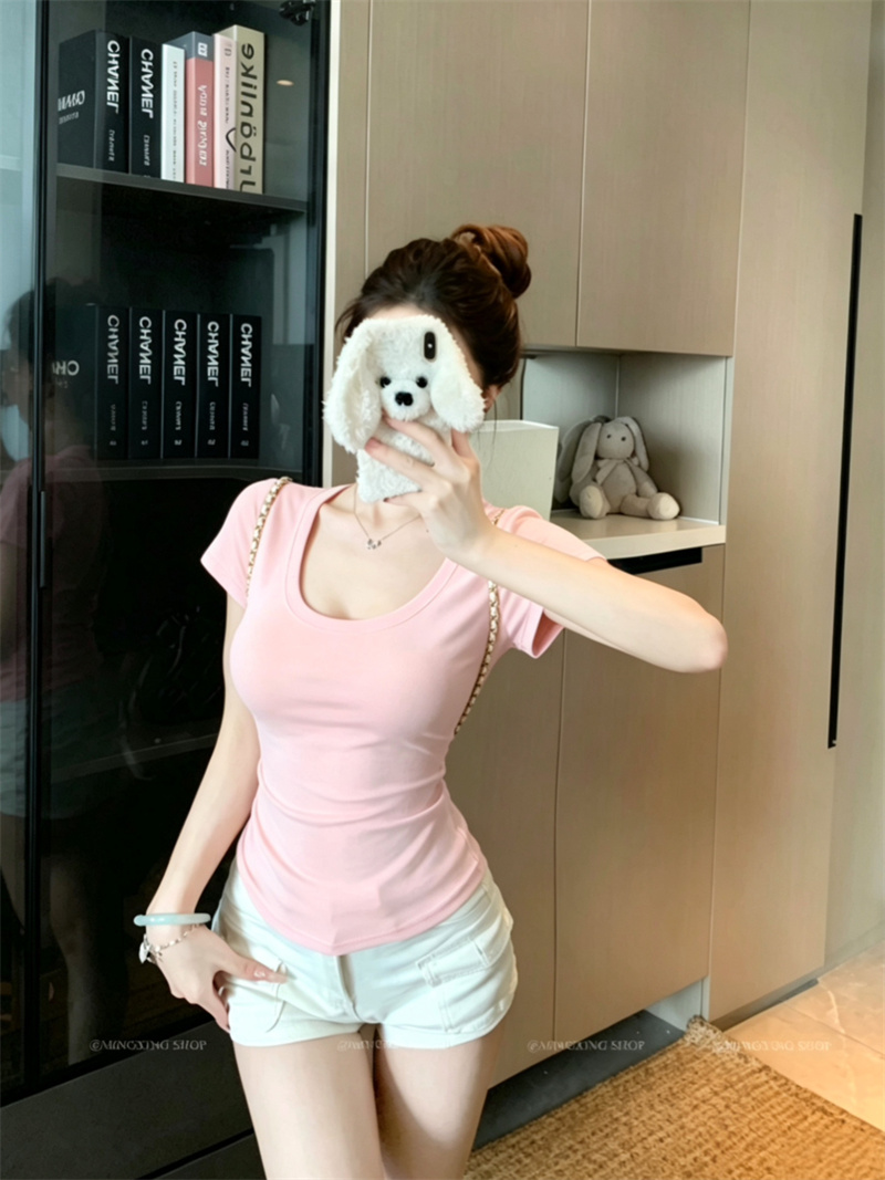 RY6517# 实拍实价 超好穿纯色t 有机婴儿棉U领短袖T恤女