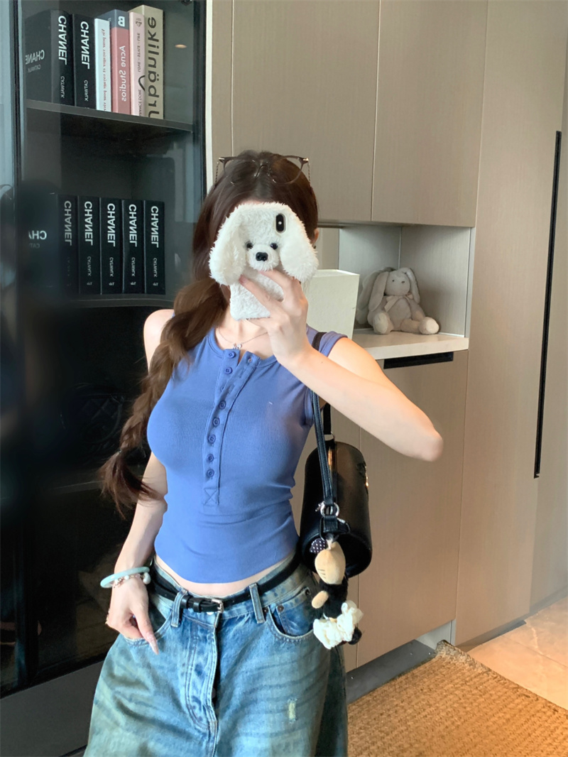 RY6518# 实拍实价 氛围夏日多扣亨利领工字背心上衣无袖小衫