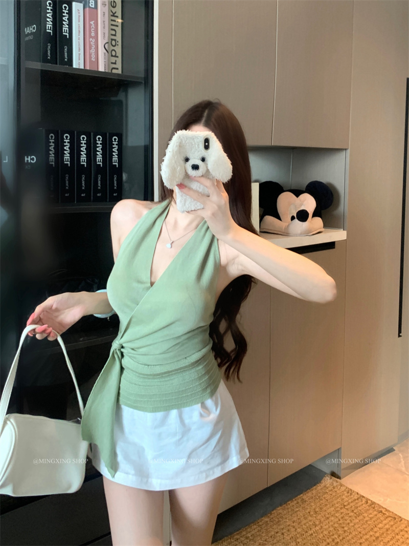 RY6516# 实拍实价 挂脖露背气质无袖背心不规则上衣女
