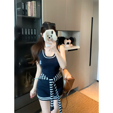 批发实拍实价 学院风刺绣<b class='q'>针织</b>裙夏收腰包臀连衣短裙女配条纹披肩