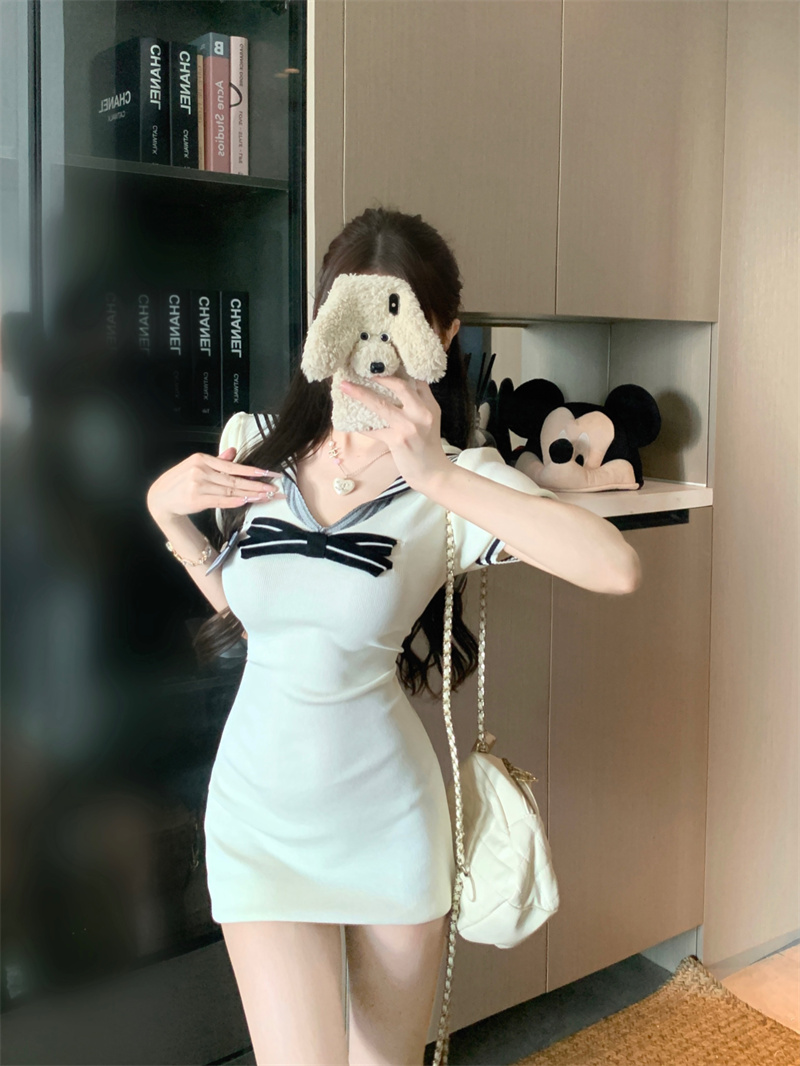 韩系甜美海军领短袖连衣裙女夏修身显瘦包臀裙子 服裝批發女裝批發服飾貨源