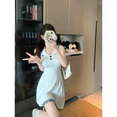批发实拍实价 翻领无袖针织<b class='q'>连衣裙</b>女夏学院风收腰短裙