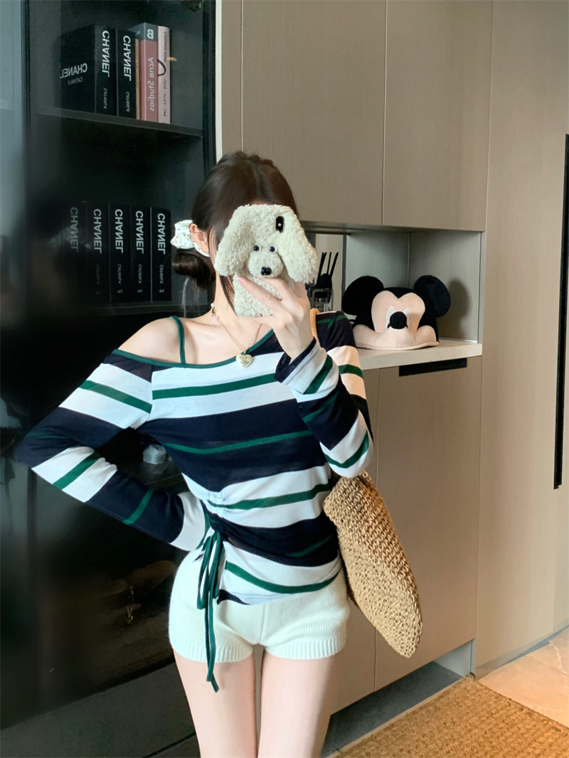 防晒miu系条纹上衣长袖T恤女罩衫新款设计感小众 服裝批發女裝批發服飾貨源